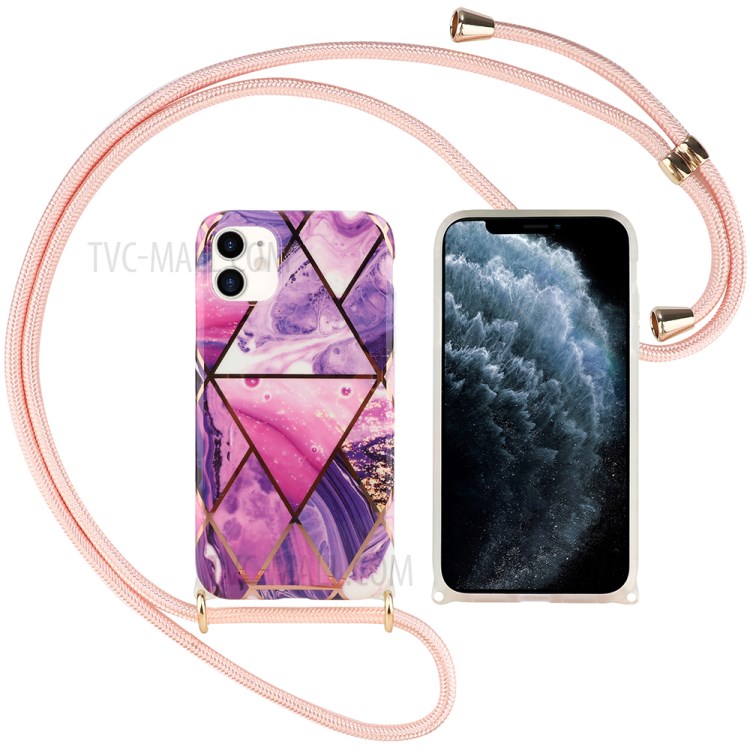 IMD Electroplating TPU Phone Protective Shell with Adjustable Lanyard for iPhone 12 mini - Purple Geometry-1