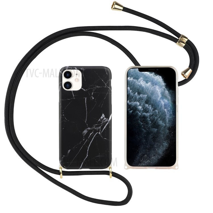 IMD + TPU + Frosted Phone Cover Shell + Adjustable Lanyard for iPhone 12 mini - Black Marble-1