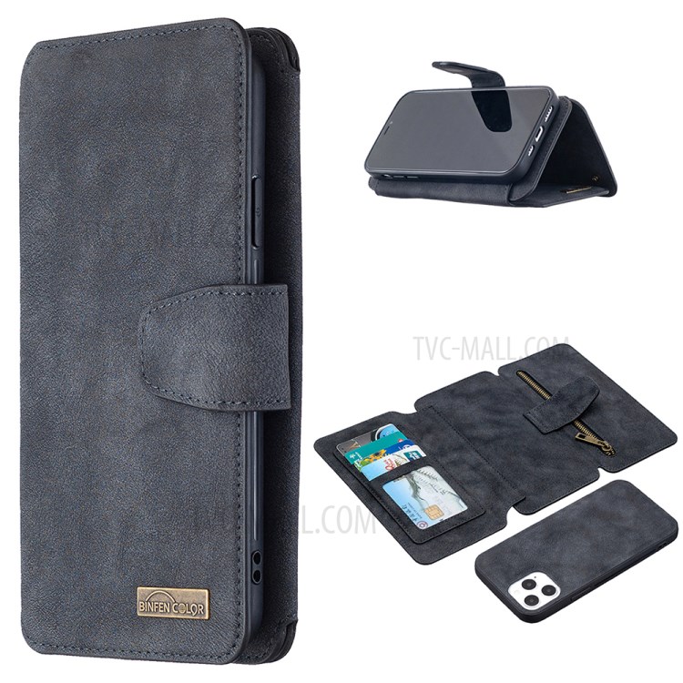 Anti-Gravity Frosted Leather Zippered Wallet Phone Cover Case for iPhone 12/12 Pro - Black-1