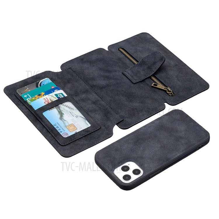 Anti-Gravity Frosted Leather Zippered Wallet Phone Cover Case for iPhone 12/12 Pro - Black-11