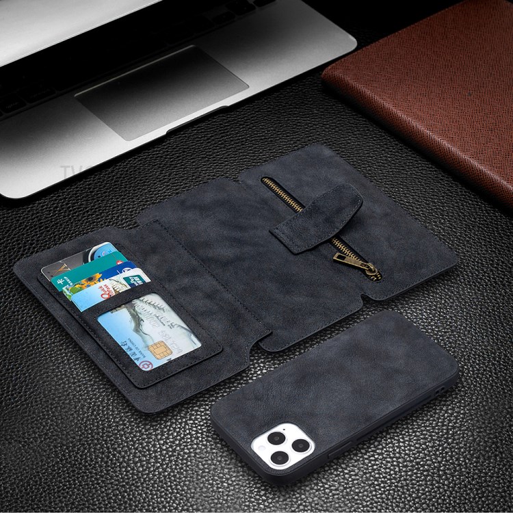 Anti-Gravity Frosted Leather Zippered Wallet Phone Cover Case for iPhone 12/12 Pro - Black-4