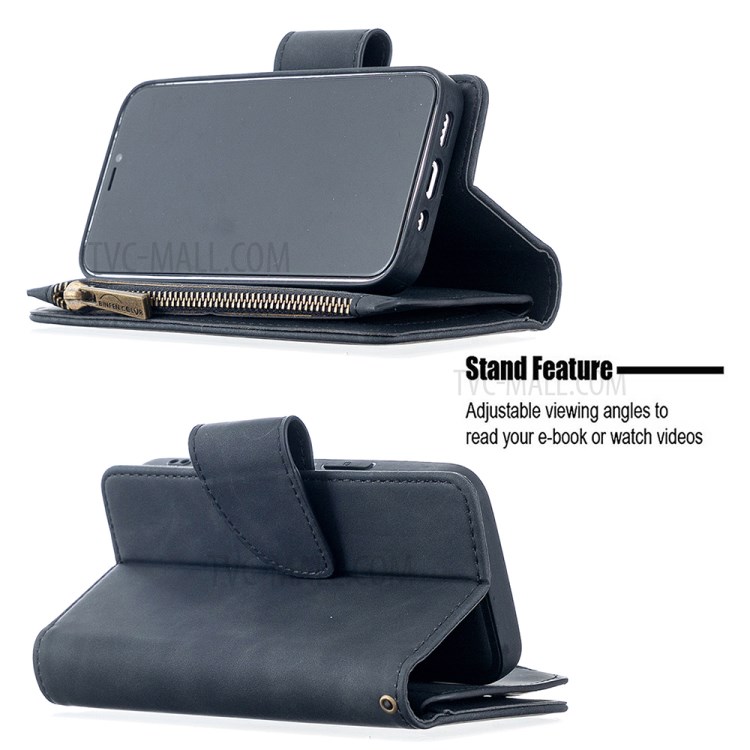 BF02 Zipper Pocket Detachable 2-in-1 Leather Wallet Stand Phone Cover for iPhone 12 Mini - Black-4