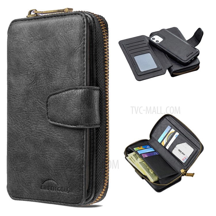 BF01 Zipper Wallet Style Detachable 2-in-1 Leather Protective Phone Cover for iPhone 12 Mini - Black-1