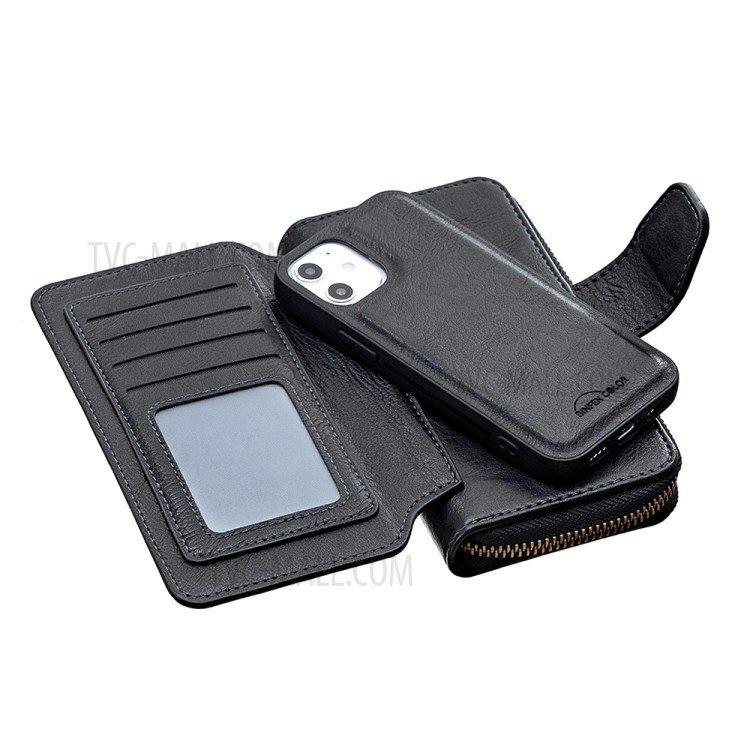 BF01 Zipper Wallet Style Detachable 2-in-1 Leather Protective Phone Cover for iPhone 12 Mini - Black-7