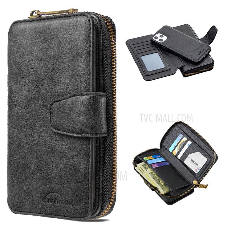 BF01 Zipper Wallet Style Detachable 2-in-1 Leather Protective Phone Cover for iPhone 12 Pro / iPhone 12 - Black-1