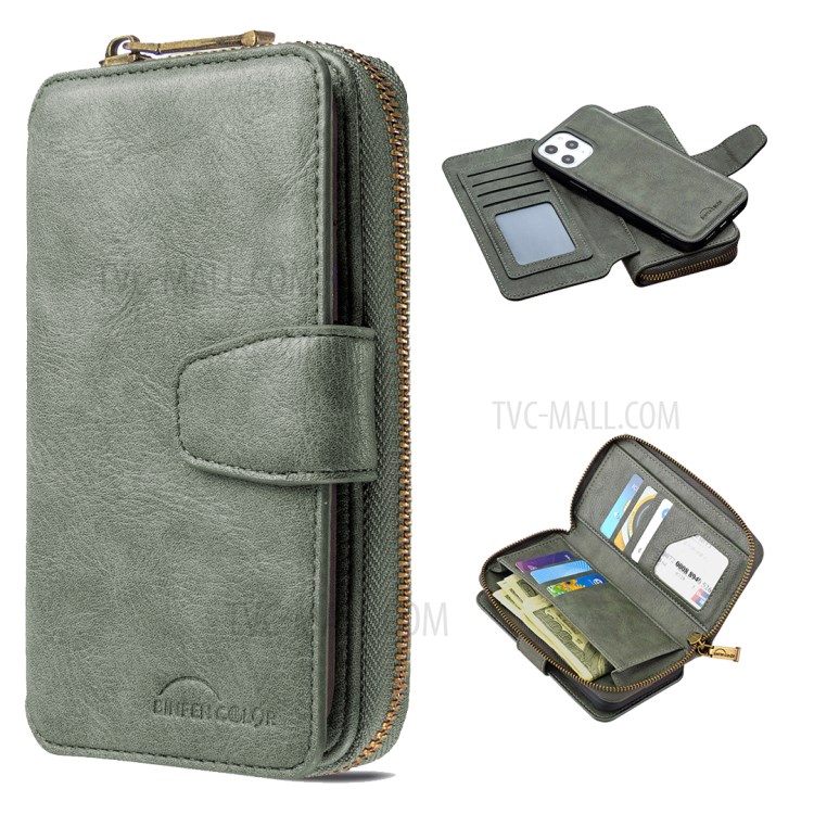 BF01 Zipper Wallet Style Detachable 2-in-1 Leather Protective Phone Cover for iPhone 12 Pro Max - Green-1