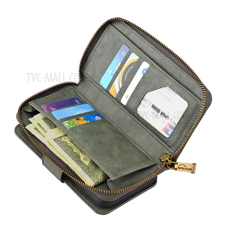BF01 Zipper Wallet Style Detachable 2-in-1 Leather Protective Phone Cover for iPhone 12 Pro Max - Green-9