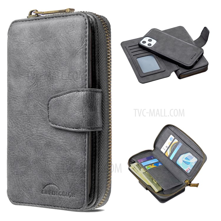 BF01 Zipper Wallet Style Detachable 2-in-1 Leather Protective Phone Cover for iPhone 12 Pro Max - Grey-1