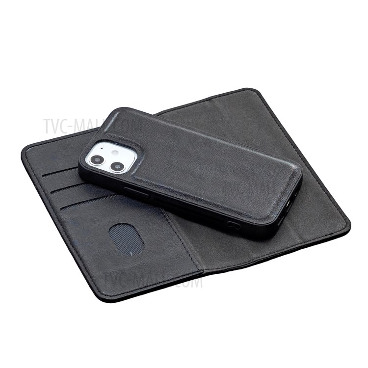 Detachable 2 in 1 Genuine Leather Wallet Stand Phone Cover Shell for iPhone 12 mini - Black-2