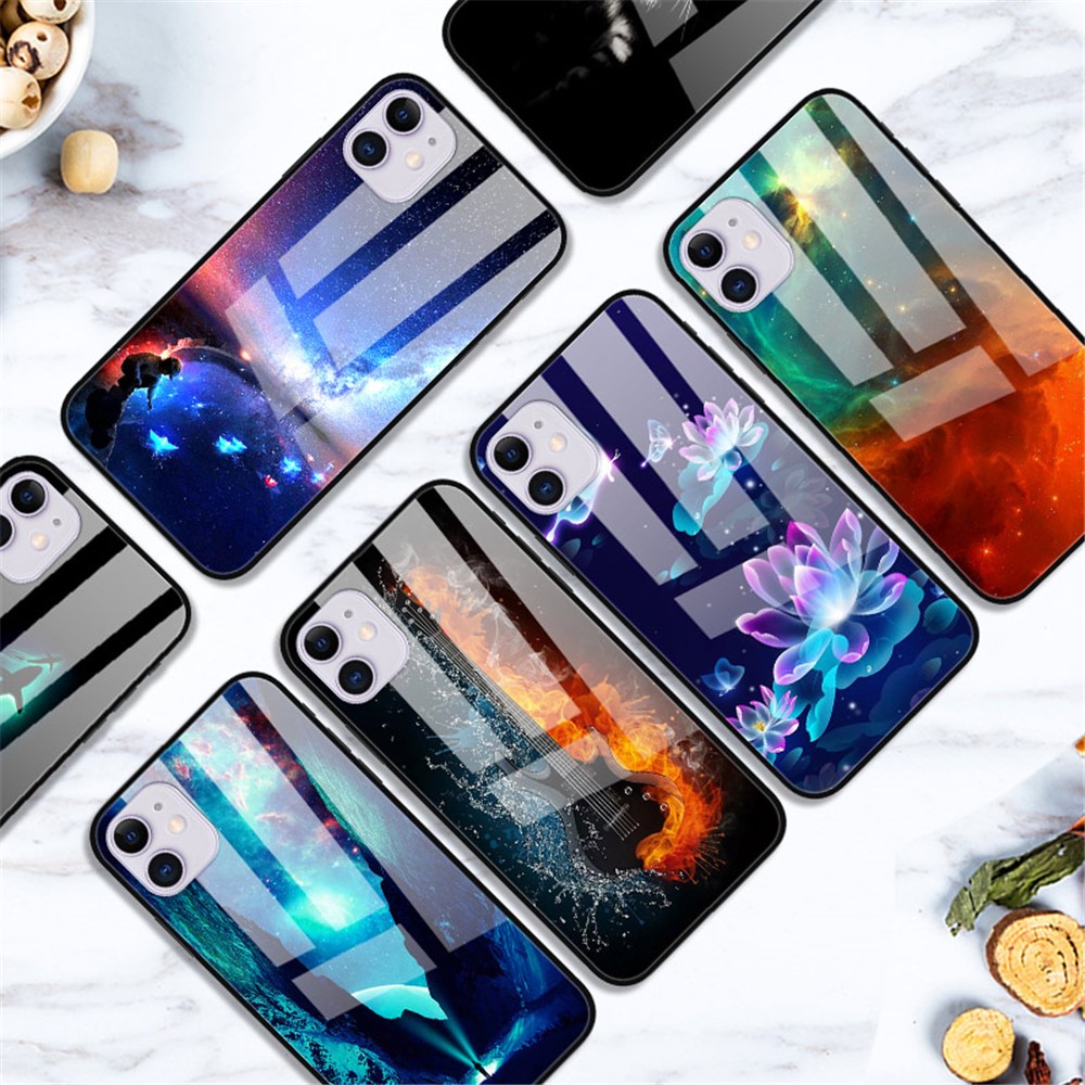 Pattern Printing Tempered Glass + TPU + PC Combo Phone Cover for iPhone 12 Pro/12 - Blue Flowers-3