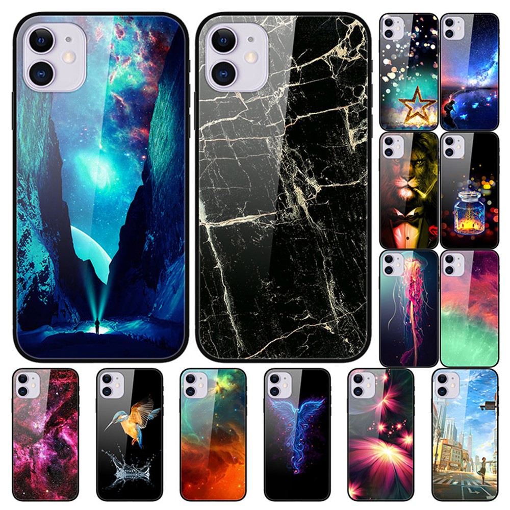 Pattern Printing Tempered Glass + TPU + PC Combo Phone Cover for iPhone 12 Pro/12 - Blue Flowers-5