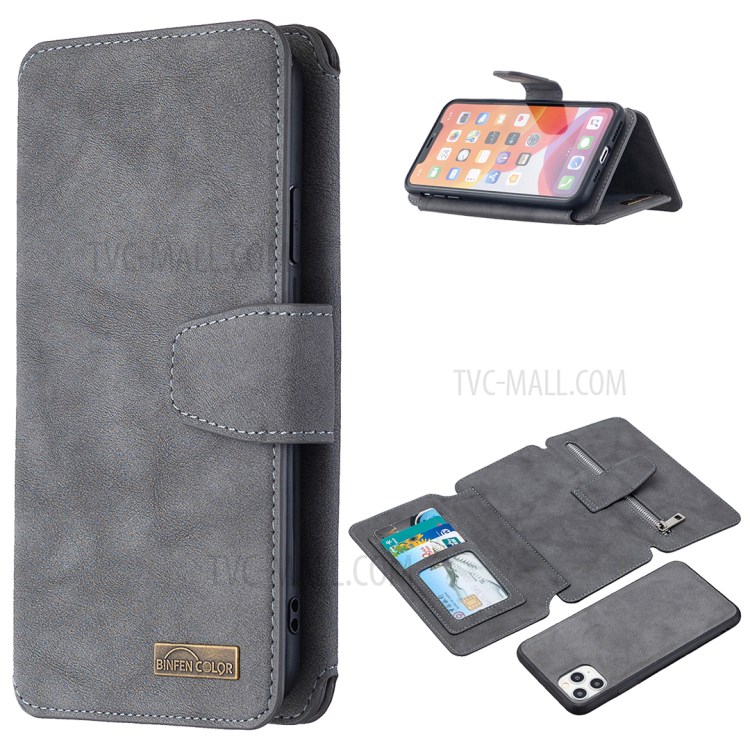 BF07 Cubierta De Cuero Acabado De Teléfono De La Carpeta Mate Desmontable Con Bolsillo Con Cremallera Para El Iphone 11 Pro Máximo De 6,5 Pulgadas - Gris-1