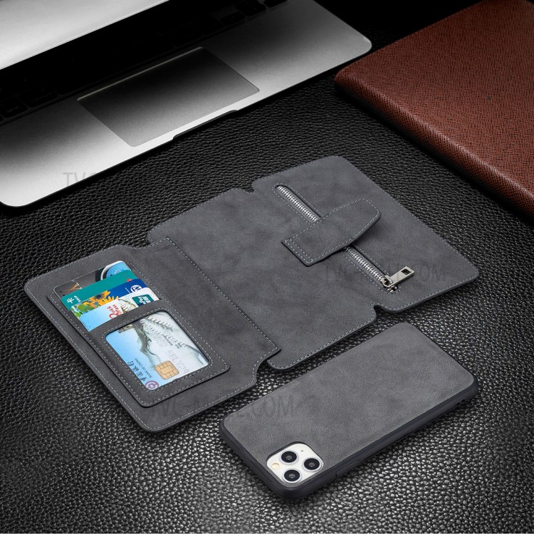 BF07 Cubierta De Cuero Acabado De Teléfono De La Carpeta Mate Desmontable Con Bolsillo Con Cremallera Para El Iphone 11 Pro Máximo De 6,5 Pulgadas - Gris-10