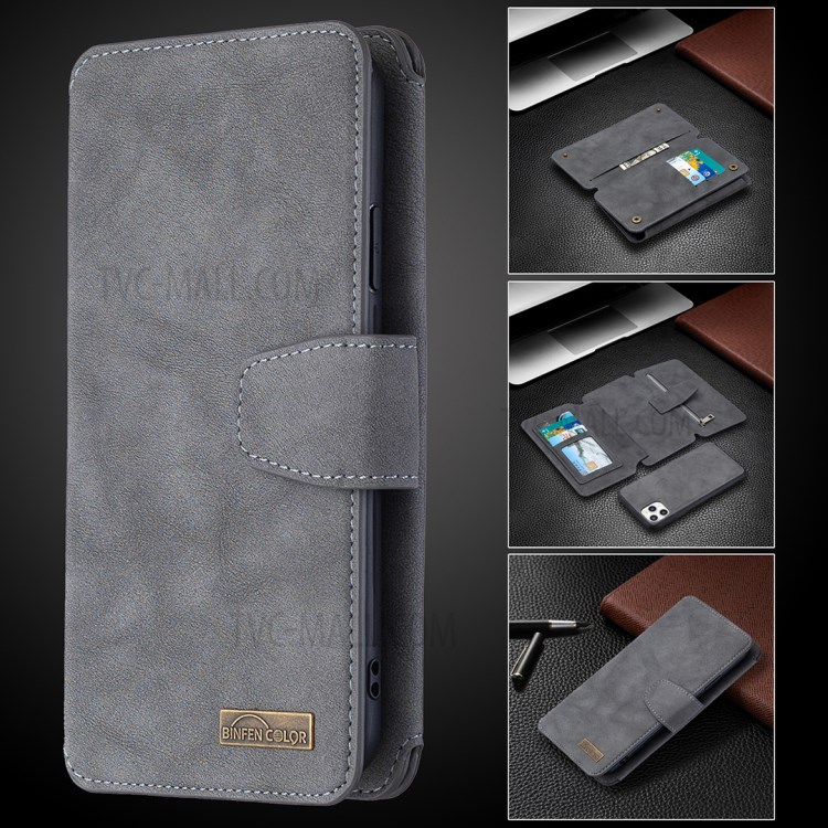 BF07 Cubierta De Cuero Acabado De Teléfono De La Carpeta Mate Desmontable Con Bolsillo Con Cremallera Para El Iphone 11 Pro Máximo De 6,5 Pulgadas - Gris-12