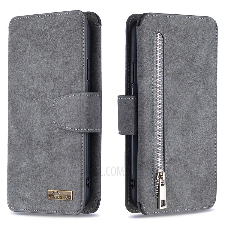 BF07 Cubierta De Cuero Acabado De Teléfono De La Carpeta Mate Desmontable Con Bolsillo Con Cremallera Para El Iphone 11 Pro Máximo De 6,5 Pulgadas - Gris-4