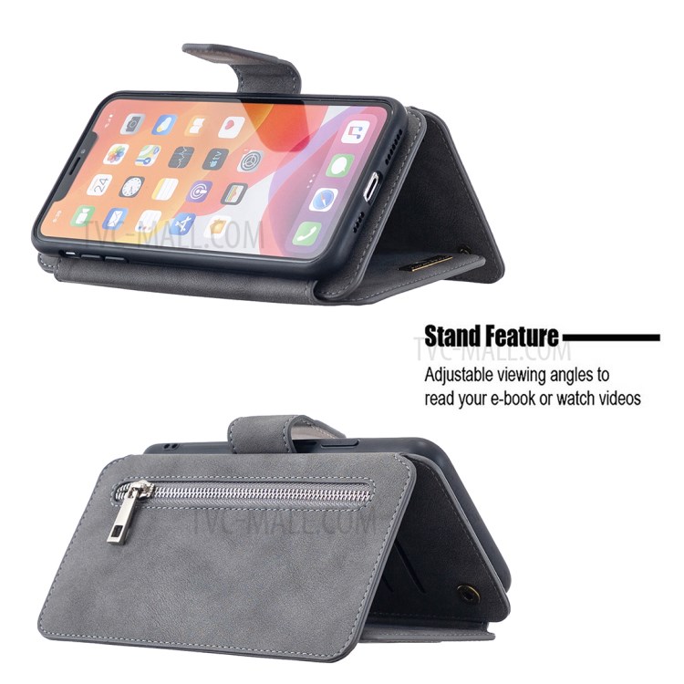 BF07 Cubierta De Cuero Acabado De Teléfono De La Carpeta Mate Desmontable Con Bolsillo Con Cremallera Para El Iphone 11 Pro Máximo De 6,5 Pulgadas - Gris-5