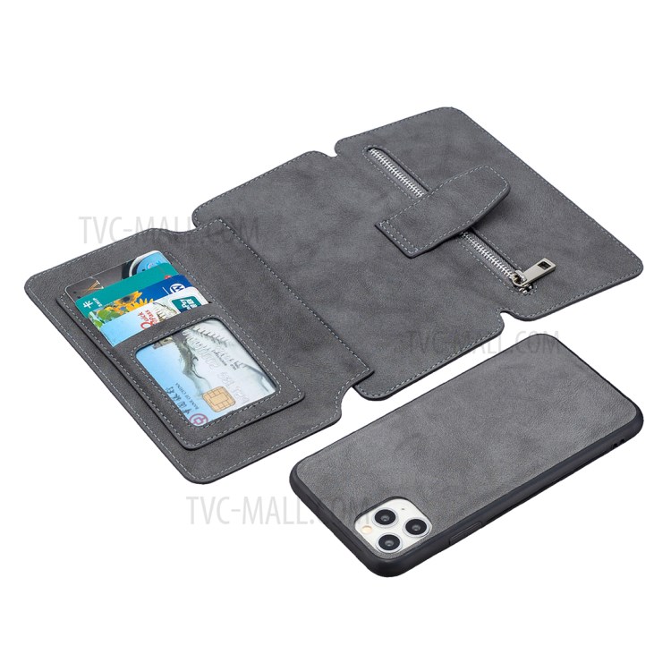BF07 Cubierta De Cuero Acabado De Teléfono De La Carpeta Mate Desmontable Con Bolsillo Con Cremallera Para El Iphone 11 Pro Máximo De 6,5 Pulgadas - Gris-6