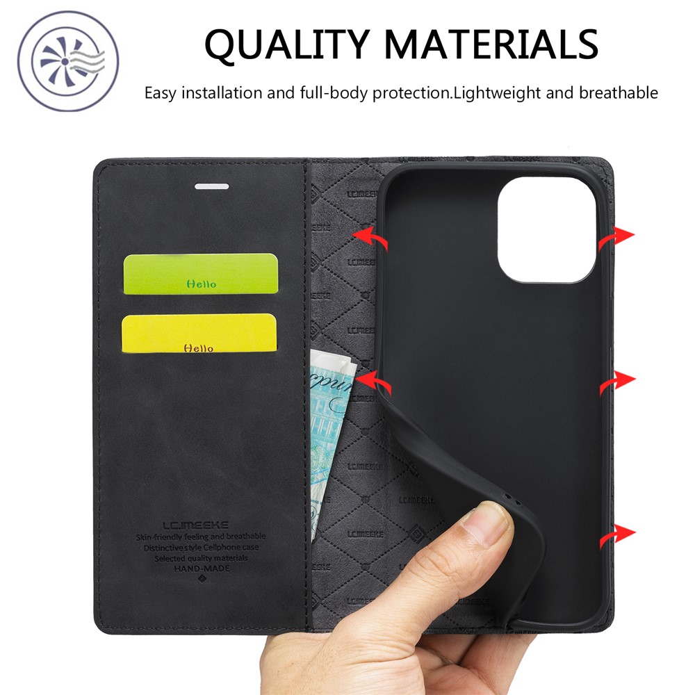 LC.IMEEKE Auto-absorbed Wallet Stand Leather Mobile Cover for iPhone 12 Pro Max - Black-12