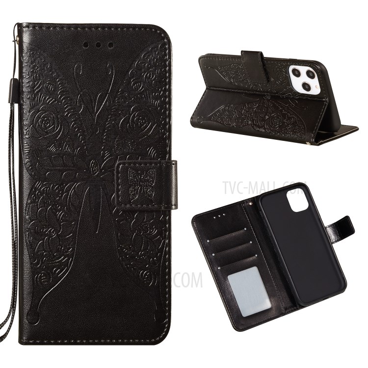 Imprint Butterfly Wallet Leather Cell Phone Stand Shell for iPhone 12 Pro Max - Black-1