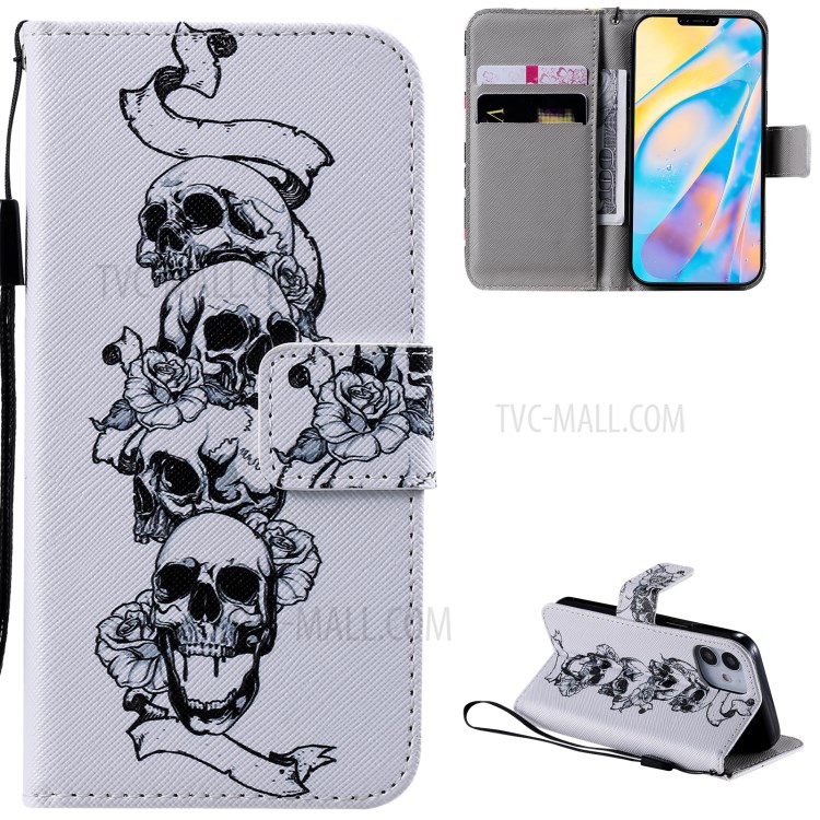 Patterned Leather Protective Case with Wallet Stand for iPhone 12 mini - Skulls-1