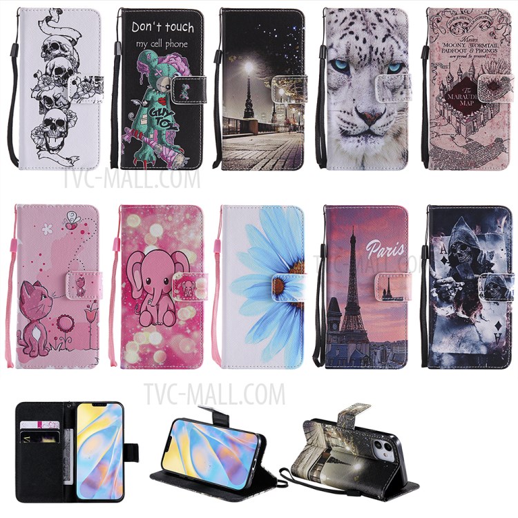 Patterned Leather Protective Case with Wallet Stand for iPhone 12 mini - Skulls-10