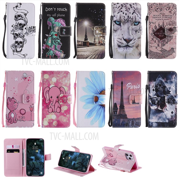 Patterned Leather Protective Case with Wallet Stand for iPhone 12 Pro Max - Cat-10