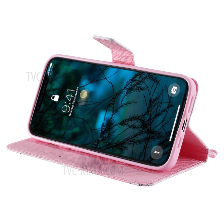 Patterned Leather Protective Case with Wallet Stand for iPhone 12 Pro Max - Cat-6