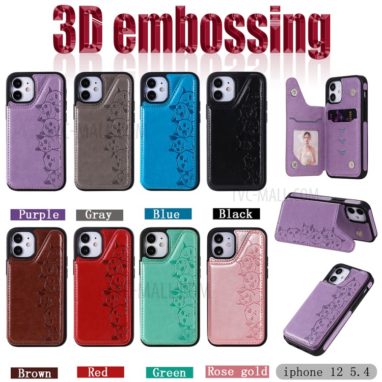 Imprint Cats Pattern Leather Coated TPU Phone Case for iPhone 12 Mini - Black-13