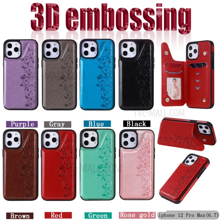 Imprint Cats Pattern Leather Coated TPU Phone Protective Shell for iPhone 12 Pro Max - Black-13
