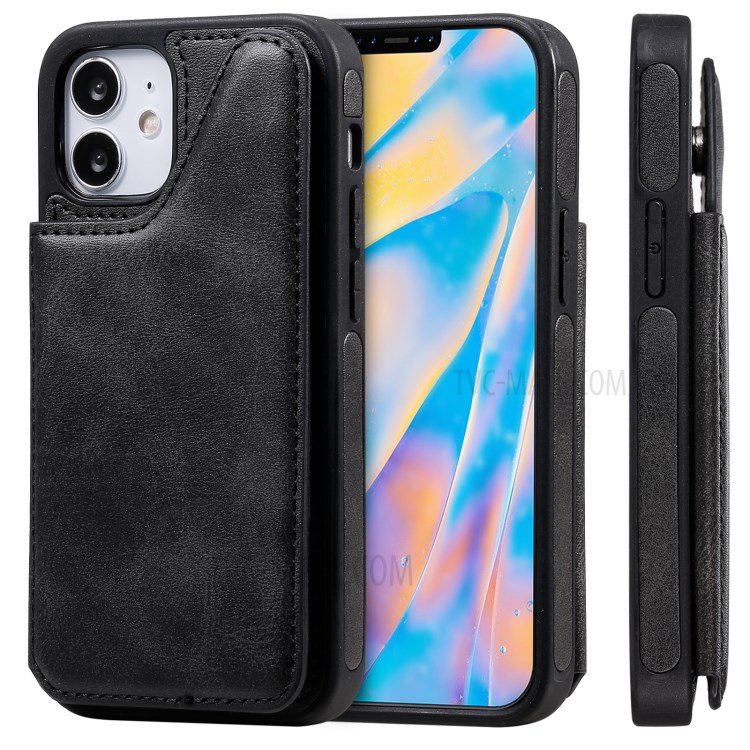 Shockproof Leather Coated TPU Phone Protective Shell with Card Slots for iPhone 12 Mini - Black-2