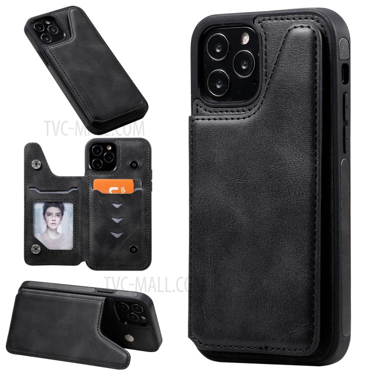 Shockproof Leather Coated TPU Case with Kickstand for iPhone 12/12 Pro - Black-1
