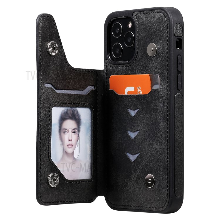 Shockproof Leather Coated TPU Case with Kickstand for iPhone 12/12 Pro - Black-8