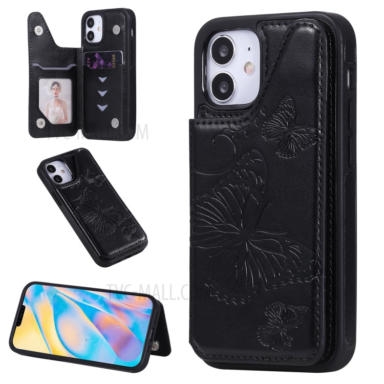 Imprint Butterfly Shockproof Leather Coated TPU Phone Protective Shell for iPhone 12 Mini - Black-1