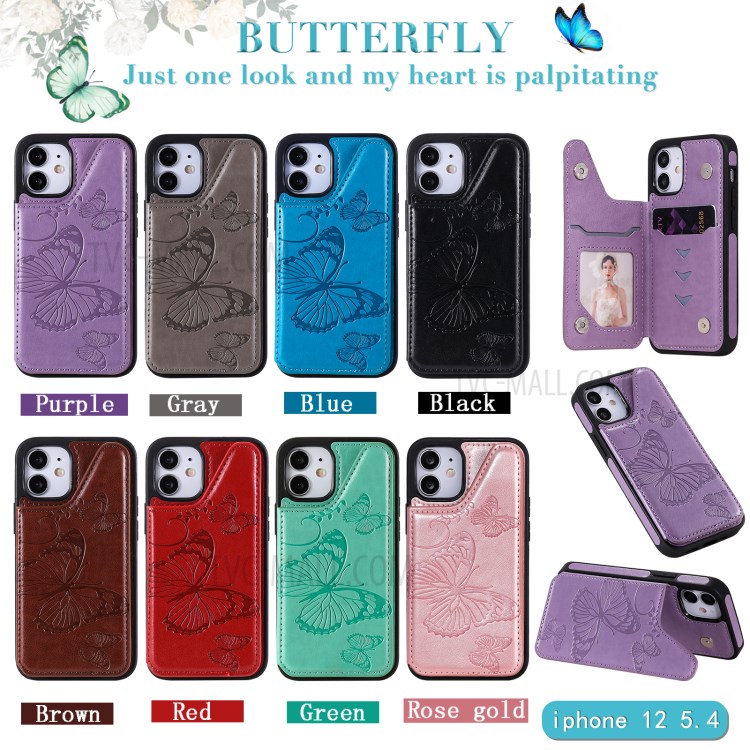 Imprint Butterfly Shockproof Leather Coated TPU Phone Protective Shell for iPhone 12 Mini - Black-12