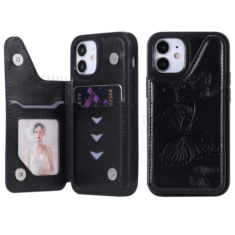 Imprint Butterfly Shockproof Leather Coated TPU Phone Protective Shell for iPhone 12 Mini - Black-2