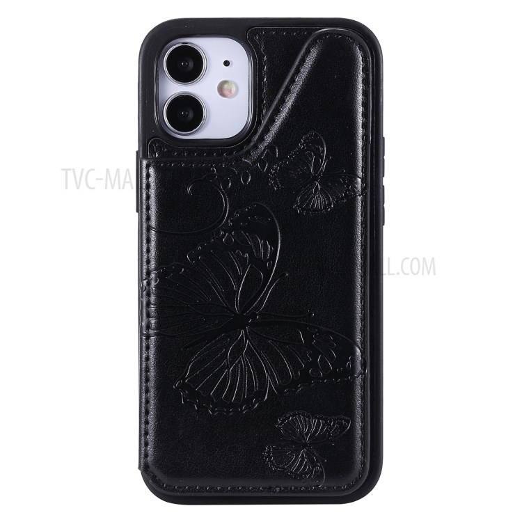 Imprint Butterfly Shockproof Leather Coated TPU Phone Protective Shell for iPhone 12 Mini - Black-3