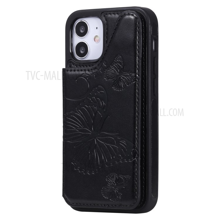 Imprint Butterfly Shockproof Leather Coated TPU Phone Protective Shell for iPhone 12 Mini - Black-4