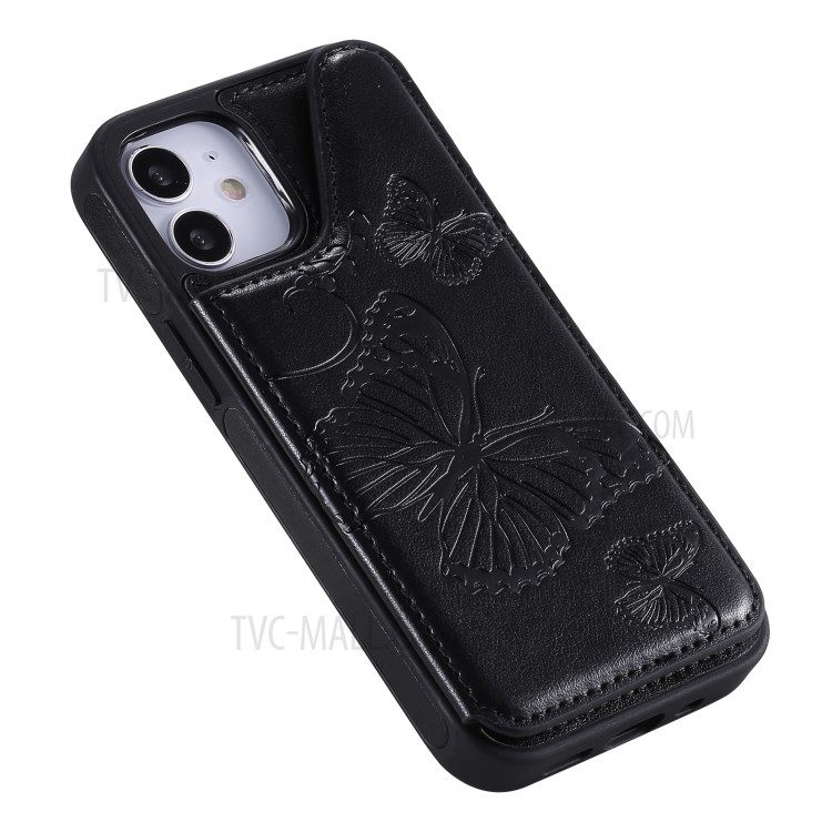Imprint Butterfly Shockproof Leather Coated TPU Phone Protective Shell for iPhone 12 Mini - Black-9