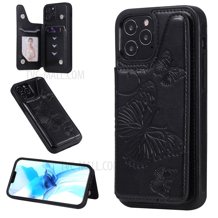 Imprint Butterfly Shockproof Leather Coated TPU Phone Protective Shell for iPhone 12 Pro / iPhone 12 - Black-1