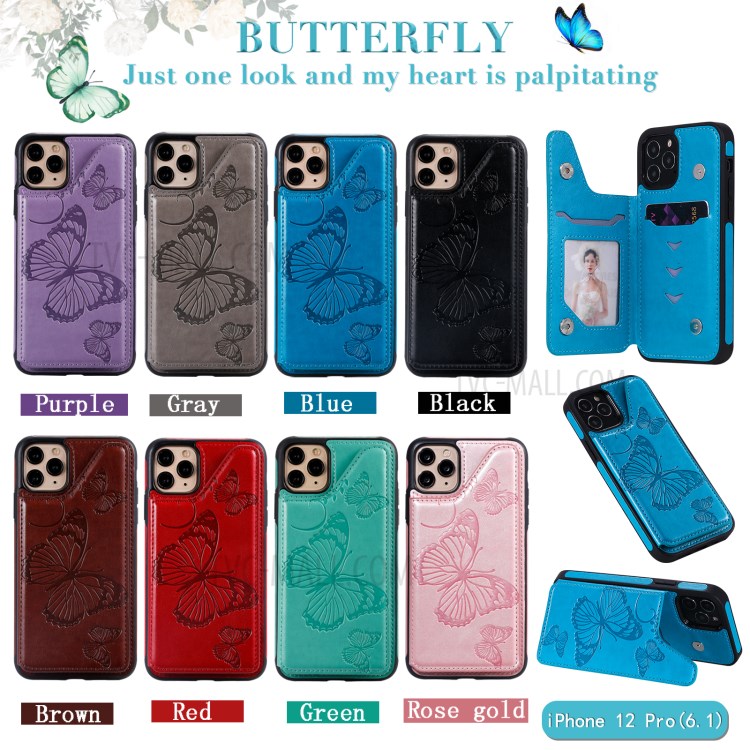 Imprint Butterfly Shockproof Leather Coated TPU Phone Protective Shell for iPhone 12 Pro / iPhone 12 - Black-12