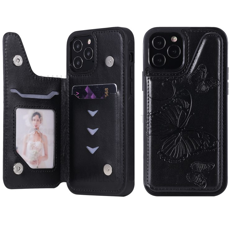 Imprint Butterfly Shockproof Leather Coated TPU Phone Protective Shell for iPhone 12 Pro / iPhone 12 - Black-2