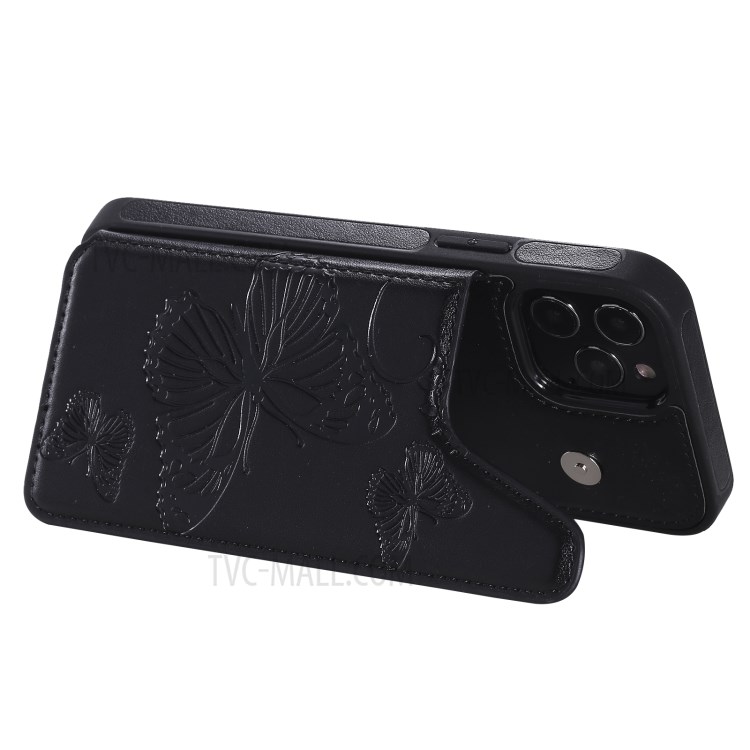 Imprint Butterfly Shockproof Leather Coated TPU Phone Protective Shell for iPhone 12 Pro / iPhone 12 - Black-7