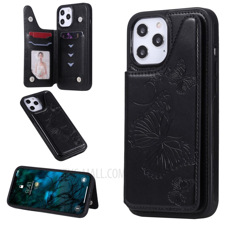 Butterfly Imprint Leather Coated TPU Phone Shell for iPhone 12 Pro Max Case Shockproof - Black-1