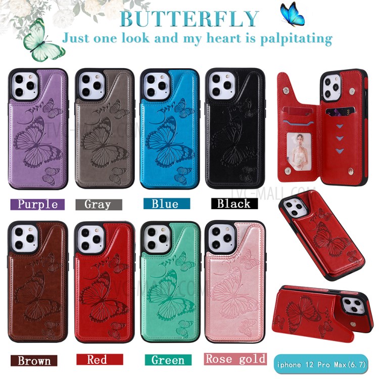 Butterfly Imprint Leather Coated TPU Phone Shell for iPhone 12 Pro Max Case Shockproof - Black-12