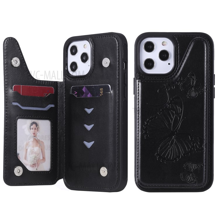 Butterfly Imprint Leather Coated TPU Phone Shell for iPhone 12 Pro Max Case Shockproof - Black-2