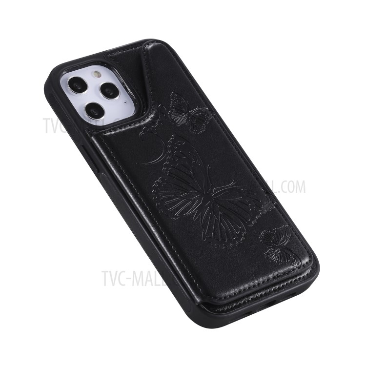 Butterfly Imprint Leather Coated TPU Phone Shell for iPhone 12 Pro Max Case Shockproof - Black-9