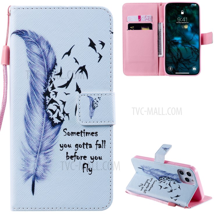 Patterned Wallet Stand Leather Case for iPhone 12 Pro Max Phone Cover - Feather and Flying Bird-1