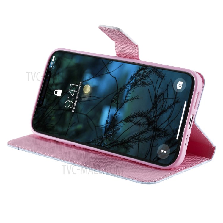Patterned Wallet Stand Leather Case for iPhone 12 Pro Max Phone Cover - Feather and Flying Bird-6