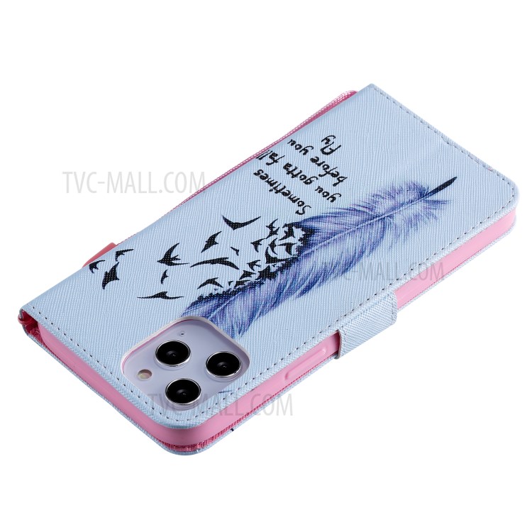 Patterned Wallet Stand Leather Case for iPhone 12 Pro Max Phone Cover - Feather and Flying Bird-8