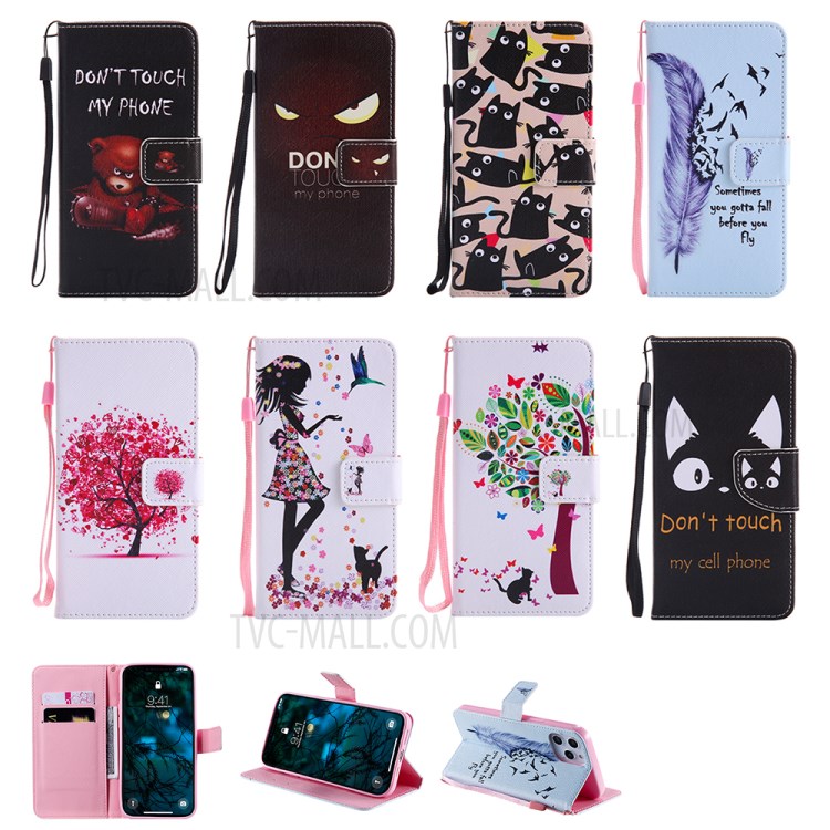 Patterned Wallet Stand Leather Case for iPhone 12 Pro Max Phone Cover - Feather and Flying Bird-9
